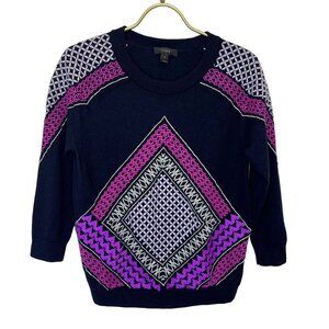 J. Crew Merino Wool  Geometric Purple and Black Sweater Ladies SIze MED